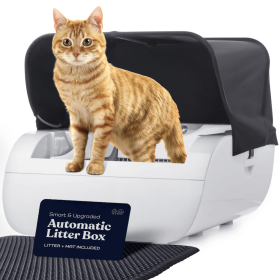 Cream-white self-cleaning cat litter box with American-style design, odor-eliminating function, dedicated smart container featuring wide opening