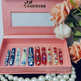 GGddsha Long Handmade PMMA Acrylic Nails With MultiColor Strap Stars Rhinestones Butterfly Design Reusable FullCoverage False Nails Ladies False (Option: M)