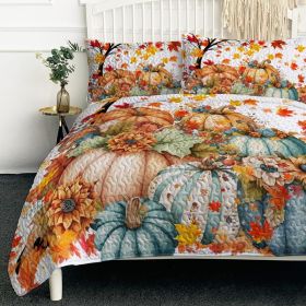 3PCS Colorful Oil Painting Pumpkin Pattern Quilt Set for All Seasons Flower Fall Leaves Bedding Set with 2 Pillowcases for Kids Adults Thanksgiving Da (Color: Orange, size: Queen)